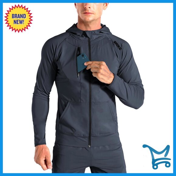 Men's Lightweight Windbreaker Hoodie with Zip Pockets for Running Gym